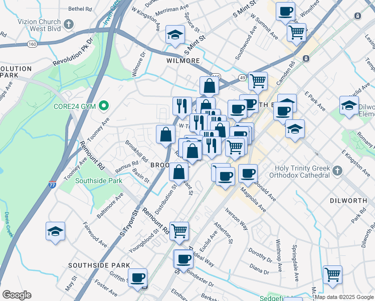 map of restaurants, bars, coffee shops, grocery stores, and more near 300 Rampart Street in Charlotte