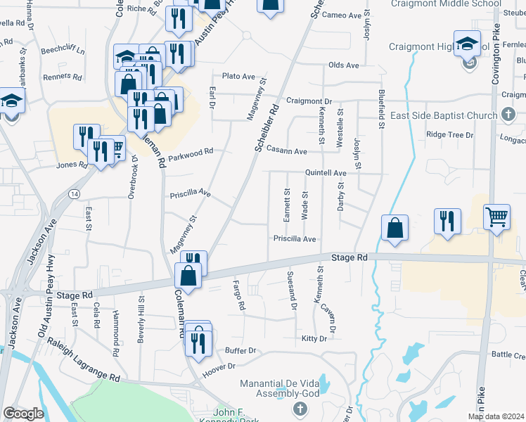 map of restaurants, bars, coffee shops, grocery stores, and more near 3071 Robbiedon Street in Memphis
