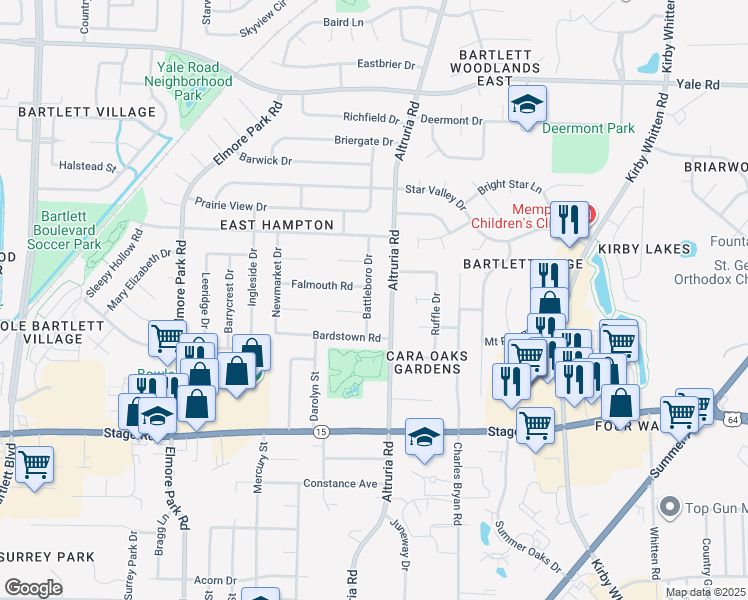 map of restaurants, bars, coffee shops, grocery stores, and more near 3068 Battleboro Drive in Bartlett