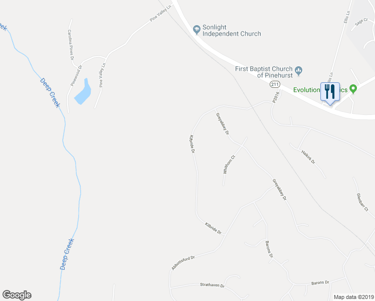 map of restaurants, bars, coffee shops, grocery stores, and more near 40 Kilbride Drive in Pinehurst