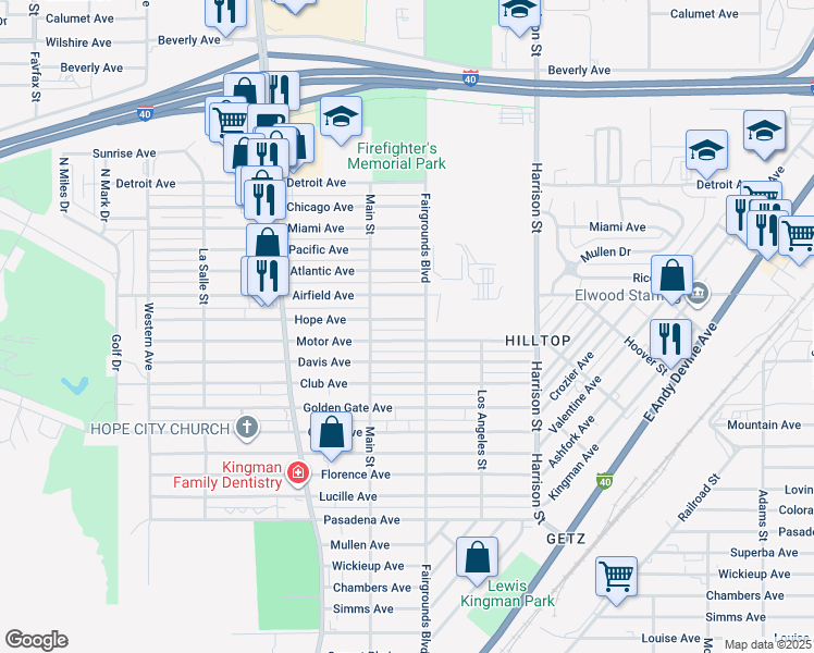 map of restaurants, bars, coffee shops, grocery stores, and more near 2030 Hope Avenue in Kingman