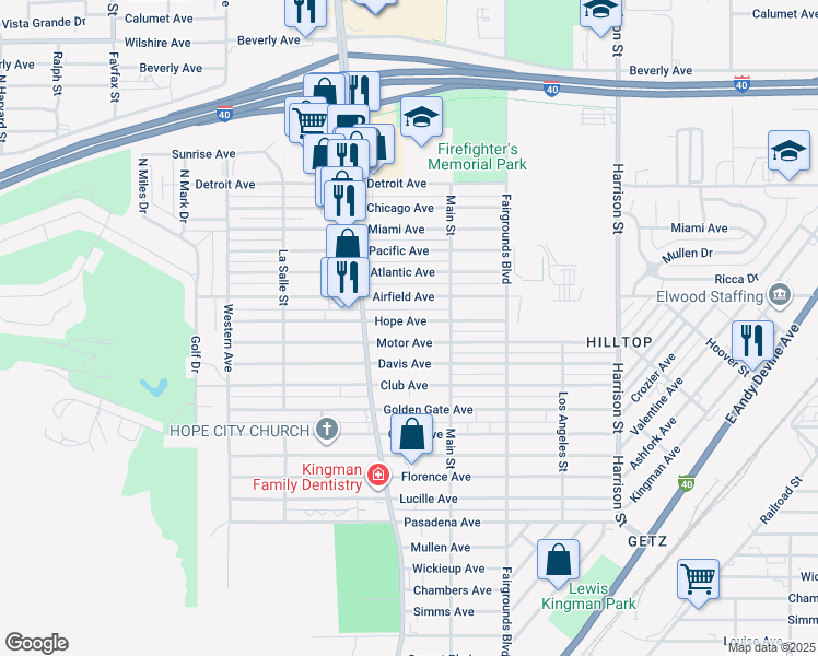 map of restaurants, bars, coffee shops, grocery stores, and more near 1938 Hope Avenue in Kingman