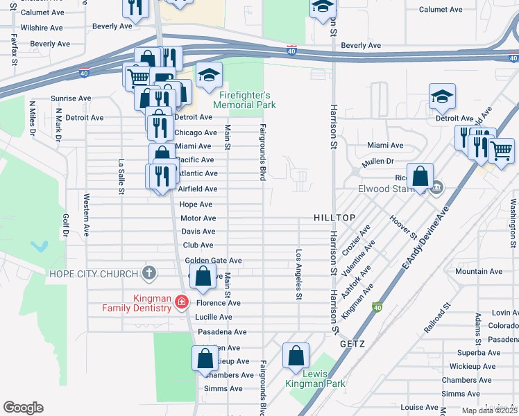 map of restaurants, bars, coffee shops, grocery stores, and more near 2030 Hope Avenue in Kingman