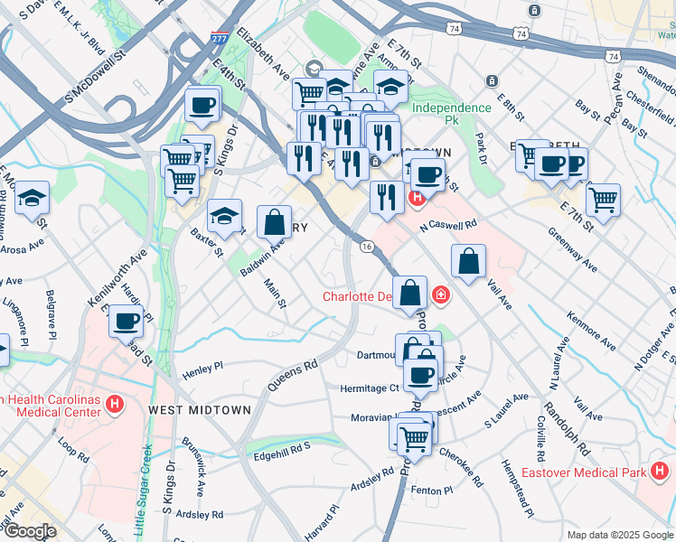 map of restaurants, bars, coffee shops, grocery stores, and more near 308 Queens Road in Charlotte