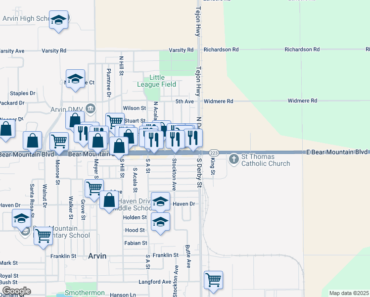 map of restaurants, bars, coffee shops, grocery stores, and more near 156 Bear Mountain Boulevard in Arvin