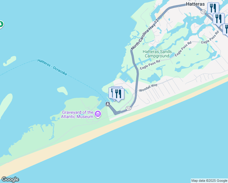 map of restaurants, bars, coffee shops, grocery stores, and more near 58195 Shore Dr in Dare