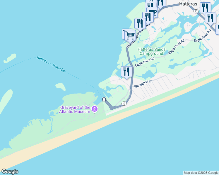 map of restaurants, bars, coffee shops, grocery stores, and more near 58195 Shore Dr in Dare