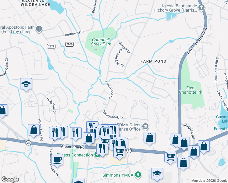 map of restaurants, bars, coffee shops, grocery stores, and more near 6112 Bent Tree Court in Charlotte