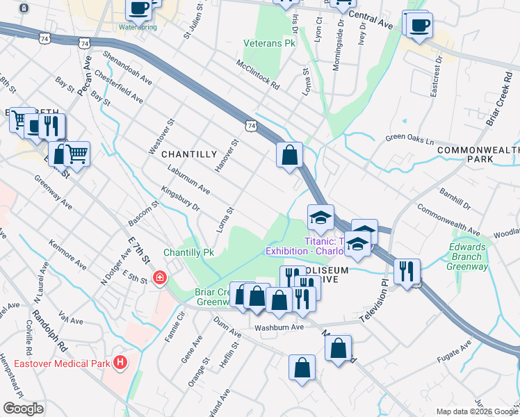 map of restaurants, bars, coffee shops, grocery stores, and more near 2613 Laburnum Avenue in Charlotte