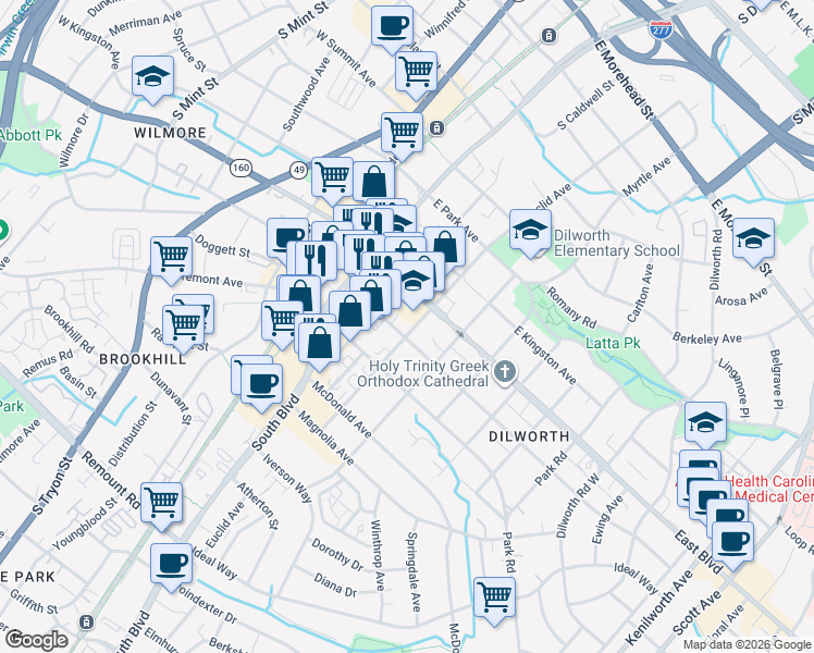 map of restaurants, bars, coffee shops, grocery stores, and more near 1818 Euclid Avenue in Charlotte