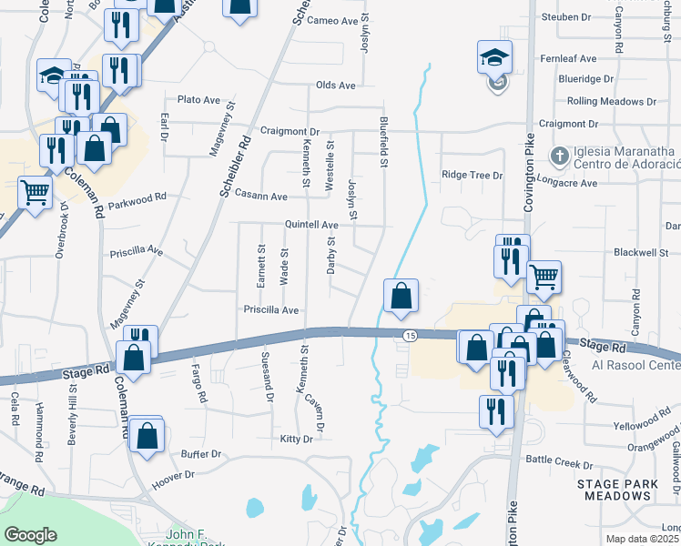 map of restaurants, bars, coffee shops, grocery stores, and more near 3075 Darby Street in Memphis