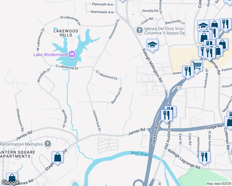 map of restaurants, bars, coffee shops, grocery stores, and more near 4024 Beechdale Cove in Memphis