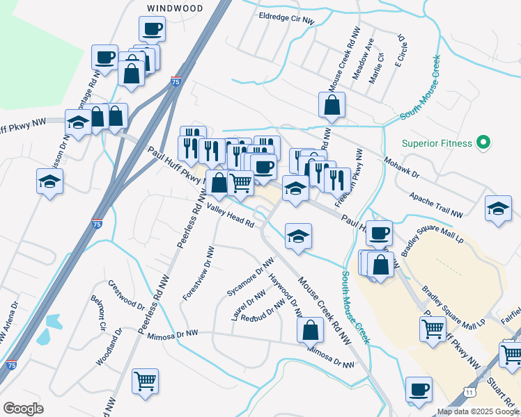 map of restaurants, bars, coffee shops, grocery stores, and more near 24 Stratford Circle Northwest in Cleveland