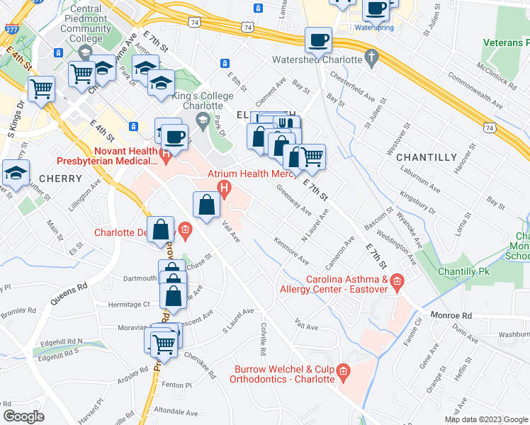 map of restaurants, bars, coffee shops, grocery stores, and more near 2124 East 5th Street in Charlotte