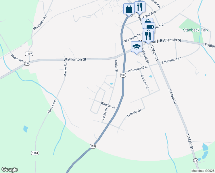 map of restaurants, bars, coffee shops, grocery stores, and more near 101 Dogwood Street in Mount Gilead