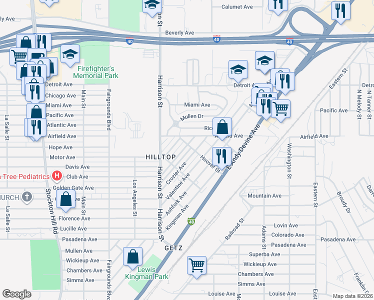 map of restaurants, bars, coffee shops, grocery stores, and more near 2540 Kemp Avenue in Kingman