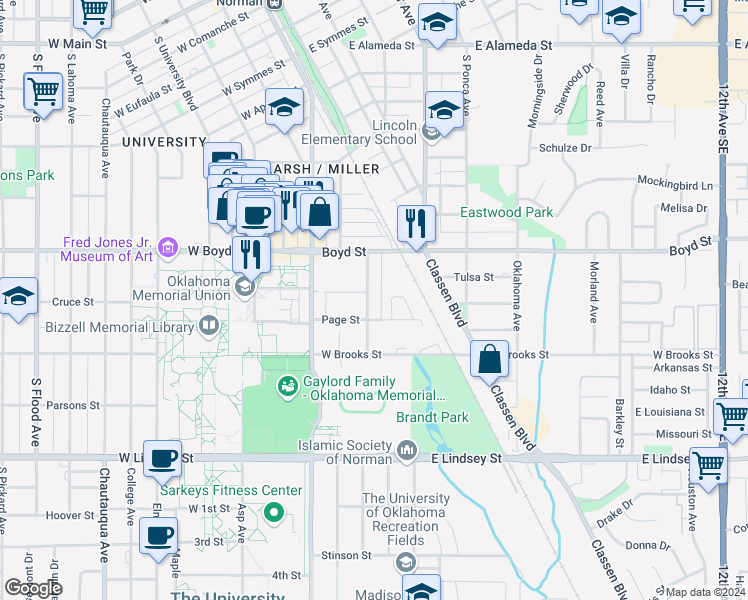 map of restaurants, bars, coffee shops, grocery stores, and more near 1111 Trout Avenue in Norman