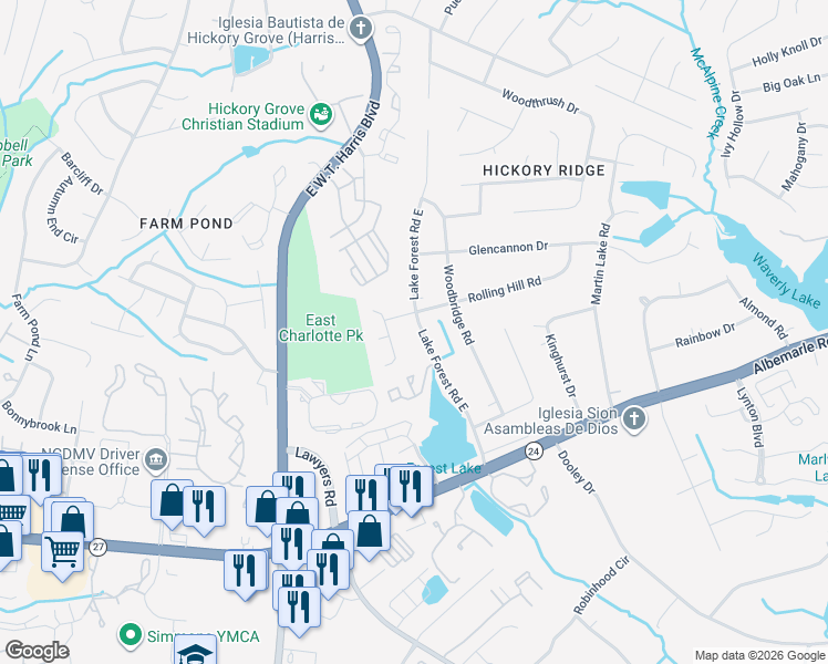map of restaurants, bars, coffee shops, grocery stores, and more near 6121 Lake Forest Road East in Charlotte