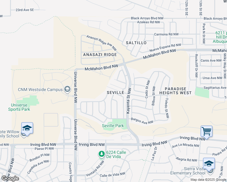 map of restaurants, bars, coffee shops, grocery stores, and more near 6231 Avenida Madrid Northwest in Albuquerque