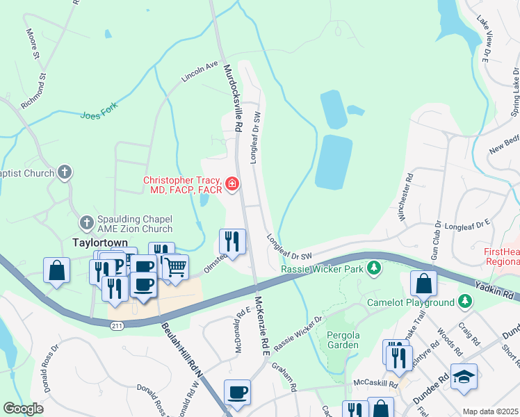 map of restaurants, bars, coffee shops, grocery stores, and more near 1 Hunt Street in Pinehurst