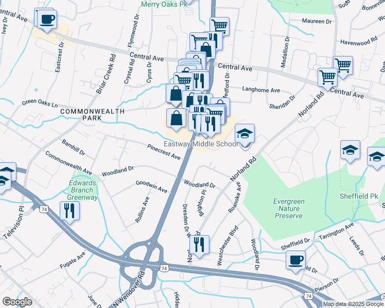 map of restaurants, bars, coffee shops, grocery stores, and more near 3337 Eastway Drive in Charlotte