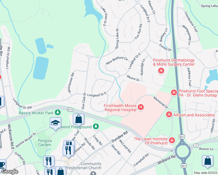 map of restaurants, bars, coffee shops, grocery stores, and more near 1780 Longleaf Drive East in Pinehurst