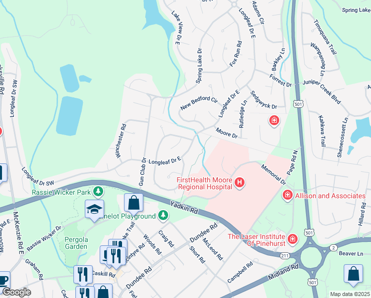map of restaurants, bars, coffee shops, grocery stores, and more near 1780 Longleaf Drive East in Pinehurst
