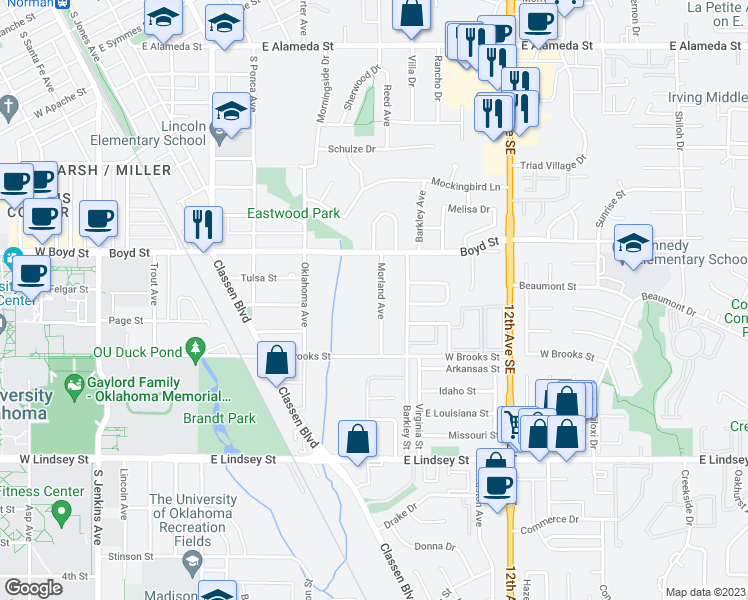 map of restaurants, bars, coffee shops, grocery stores, and more near 1426 Morland Avenue in Norman