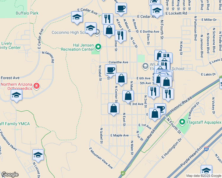 map of restaurants, bars, coffee shops, grocery stores, and more near 2114 North West Street in Flagstaff
