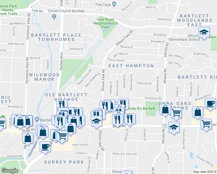 map of restaurants, bars, coffee shops, grocery stores, and more near 3069 Leeridge Drive in Bartlett