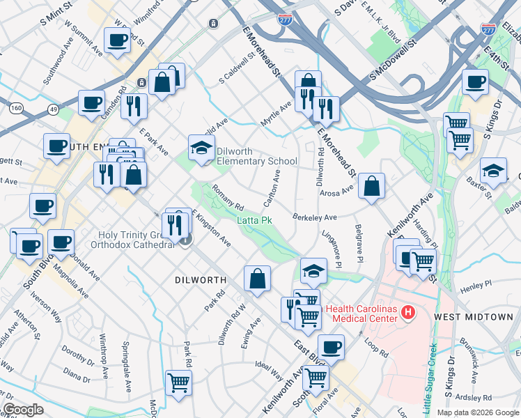 map of restaurants, bars, coffee shops, grocery stores, and more near 821 Romany Road in Charlotte