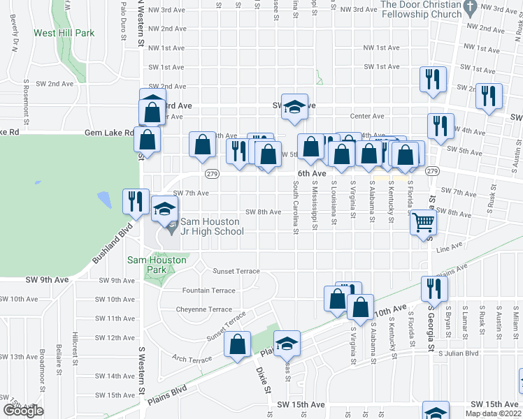 map of restaurants, bars, coffee shops, grocery stores, and more near 711 South Maryland Street in Amarillo