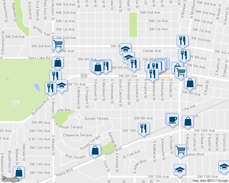 map of restaurants, bars, coffee shops, grocery stores, and more near 711 South Tennessee Street in Amarillo