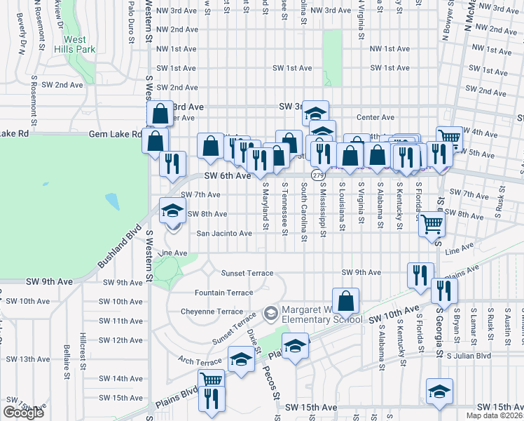 map of restaurants, bars, coffee shops, grocery stores, and more near 710 South Maryland Street in Amarillo