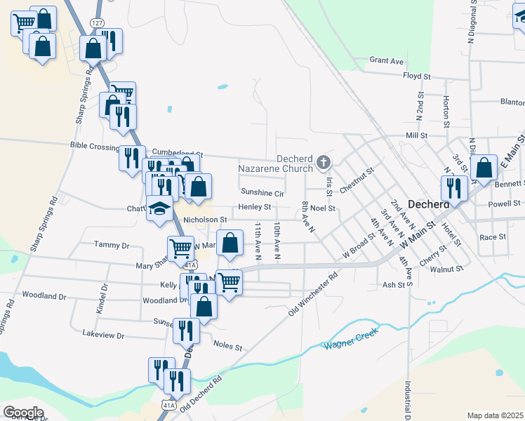 map of restaurants, bars, coffee shops, grocery stores, and more near 1105 Henley St in Decherd