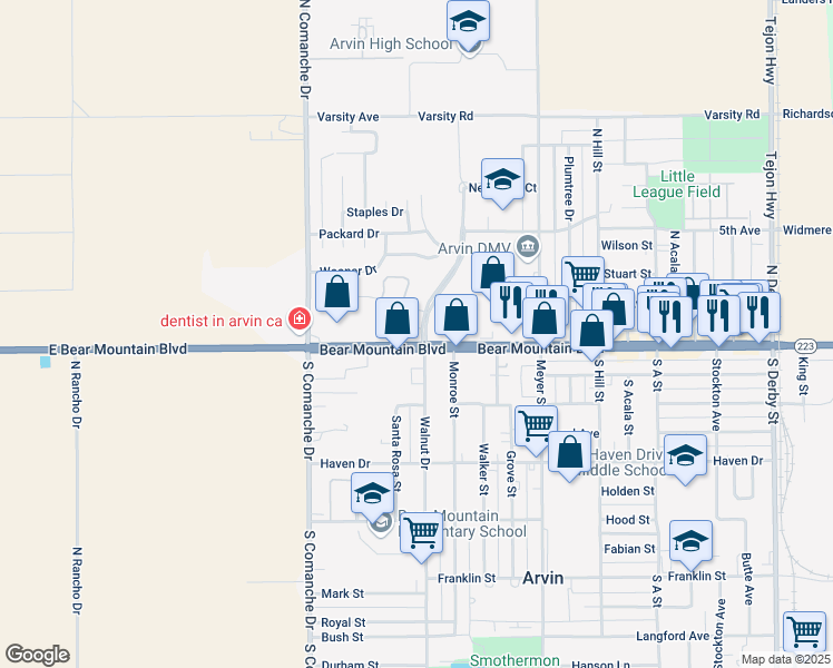 map of restaurants, bars, coffee shops, grocery stores, and more near 1190 Bear Mountain Boulevard in Arvin