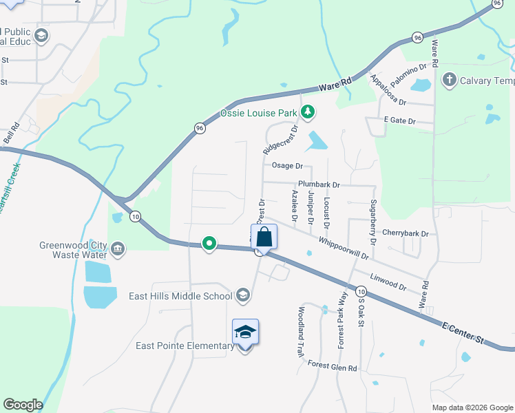 map of restaurants, bars, coffee shops, grocery stores, and more near 231 Ridgecrest Drive in Greenwood