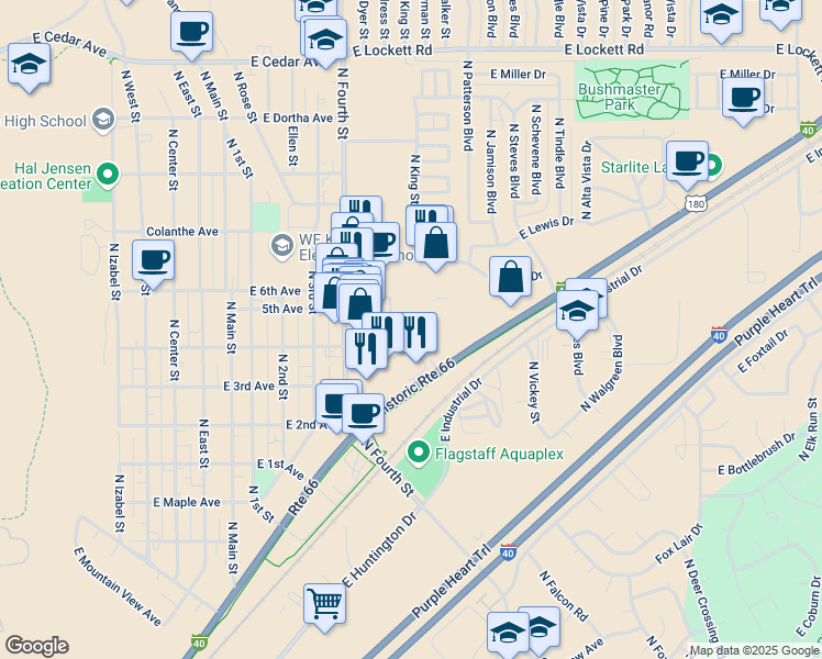 map of restaurants, bars, coffee shops, grocery stores, and more near 2351 Postal Boulevard in Flagstaff