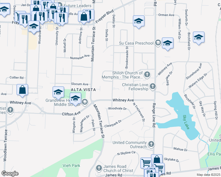 map of restaurants, bars, coffee shops, grocery stores, and more near 3075 Debby Street in Memphis