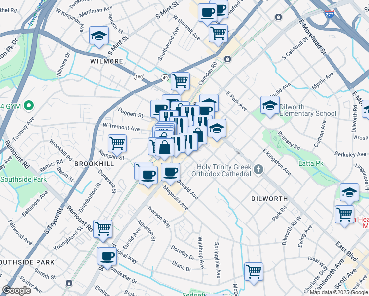 map of restaurants, bars, coffee shops, grocery stores, and more near 217 East Tremont Avenue in Charlotte