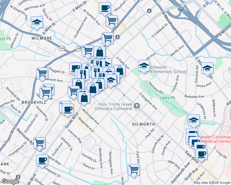 map of restaurants, bars, coffee shops, grocery stores, and more near 400 East Boulevard in Charlotte