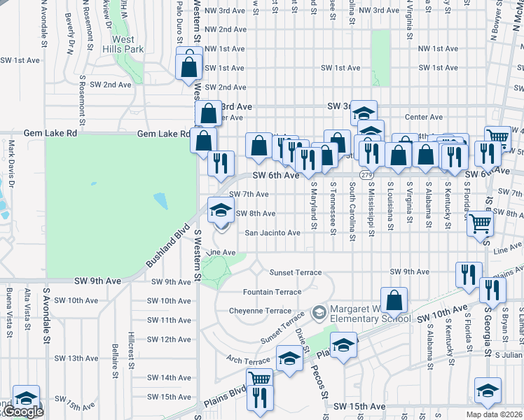 map of restaurants, bars, coffee shops, grocery stores, and more near 711 South Belleview Street in Amarillo