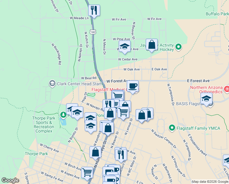 map of restaurants, bars, coffee shops, grocery stores, and more near 1300 North Rim Drive in Flagstaff