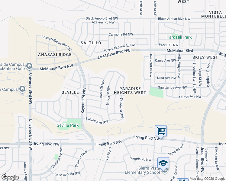 map of restaurants, bars, coffee shops, grocery stores, and more near 10509 Pamplona Street Northwest in Albuquerque