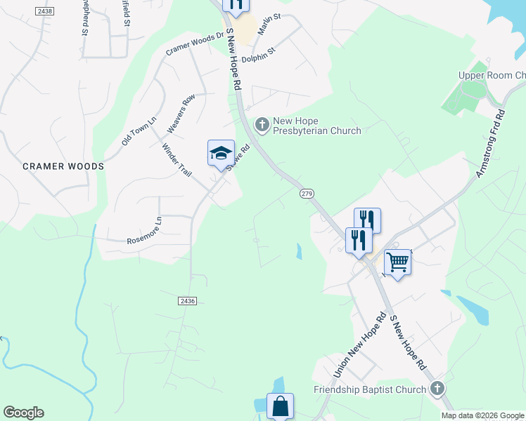 map of restaurants, bars, coffee shops, grocery stores, and more near 725 Sam Brown Road in Gastonia