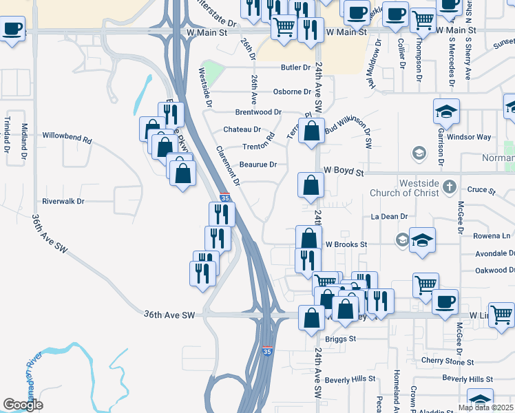 map of restaurants, bars, coffee shops, grocery stores, and more near 2616 Scott Dr in Norman
