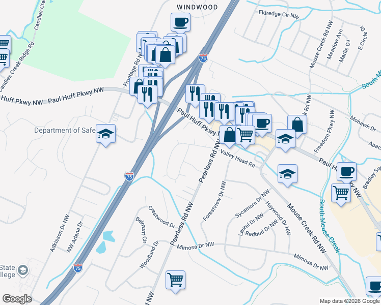 map of restaurants, bars, coffee shops, grocery stores, and more near 4044 Tomahawk Circle Northwest in Cleveland