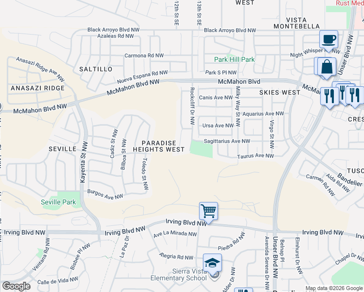 map of restaurants, bars, coffee shops, grocery stores, and more near 10516 Brookline Place Northwest in Albuquerque
