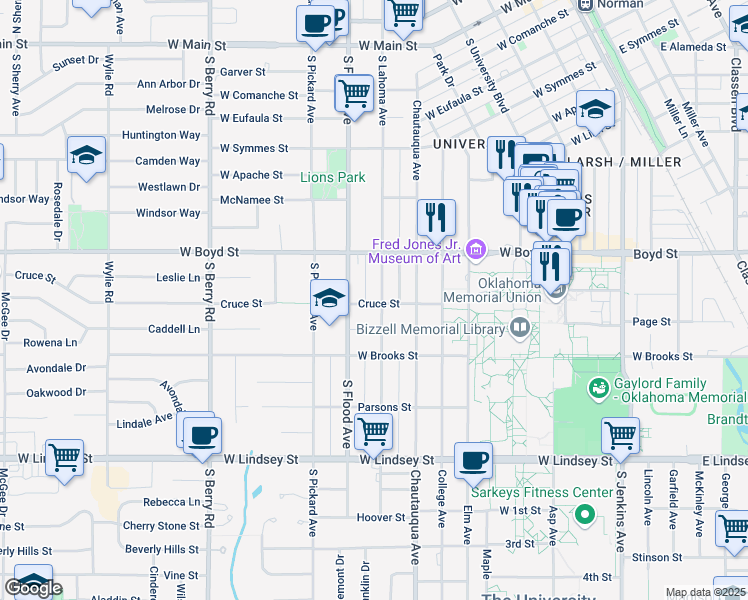 map of restaurants, bars, coffee shops, grocery stores, and more near 648 South Lahoma Avenue in Norman