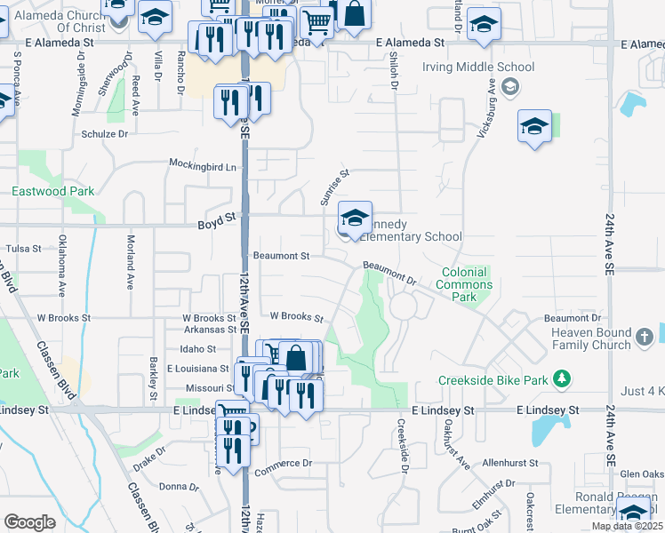 map of restaurants, bars, coffee shops, grocery stores, and more near 1408 Beaumont Street in Norman